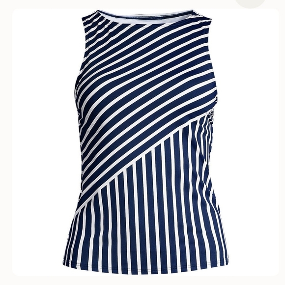 Land's End High-Neck Navy Blue White Stripe Tankini Swim Top Petite Size 8P - Picture 3 of 10